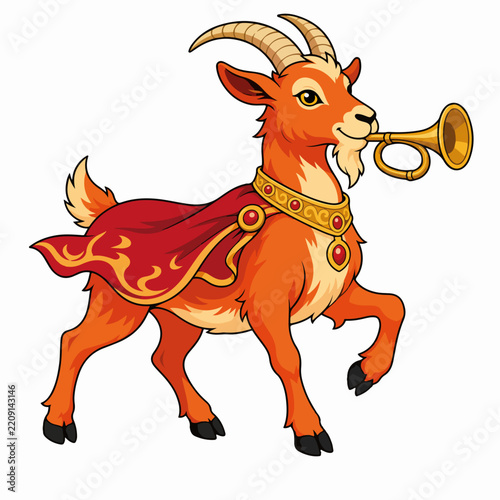 Fire goat mascot playing trumpet for Chinese New Year 2027. Festive zodiac animal in red cape blowing horn isolated on white background