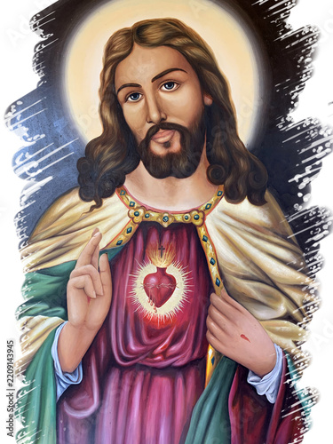 Sacred heart of jesus religious portrait icon with glowing heart