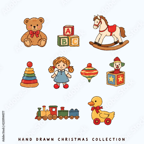 Vintage Christmas Toys Collection with Teddy Bear, Rocking Horse, Doll and Toy Train