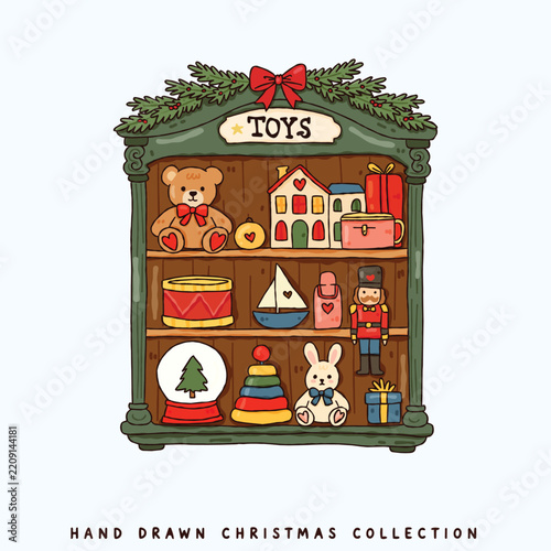 Vintage Christmas Toy Shelf with Teddy Bear, Nutcracker, Drum and Wooden Toys