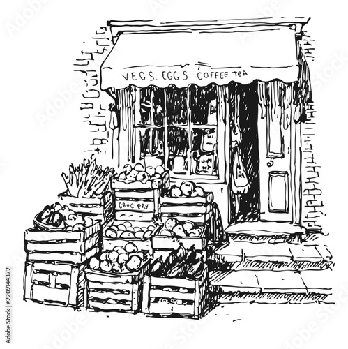 Vintage grocery store storefront with crates of vegetables hand drawn ink sketch vector illustration