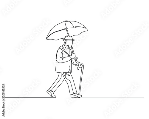 Support System Concept Represented by Senior Man Walking with Cane and Umbrella Continuous Line Art