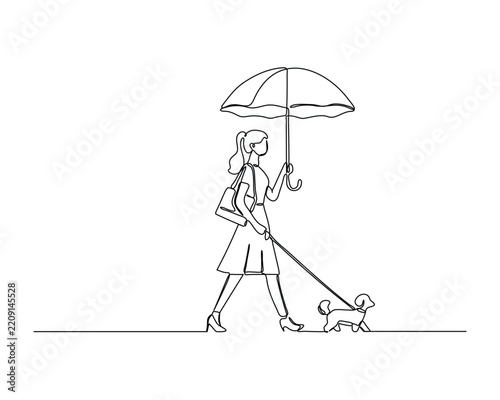 Support System Vector Illustration of Woman Walking Dog with Umbrella in Line Art
