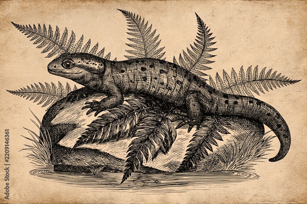 Obraz premium Vintage Engraving of a Spotted Salamander Resting Among Fern Leaves