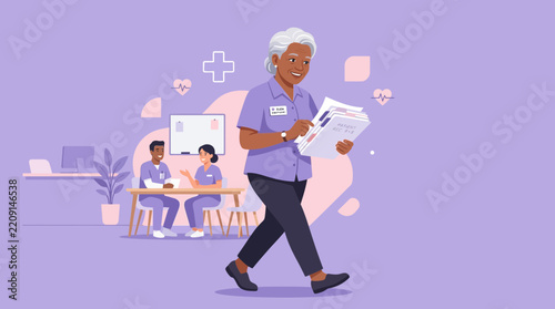 Elderly Caregiver Walking with Patient Chart in Medical Office