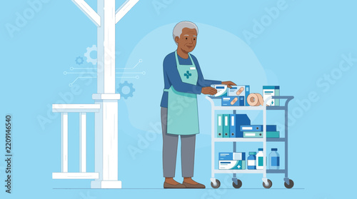 Elderly caregiver with medical cart, healthcare, pharmacy, senior assistance