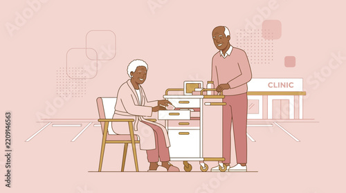 Elderly couple at clinic, woman seated with medication cart, transparent background