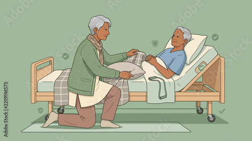 Elderly Couple Care: Woman Comforts Man in Hospital Bed on Transparent Background