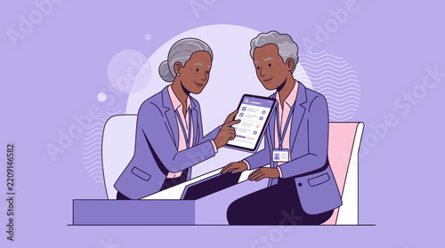 Elderly Couple Discussing Tablet Screen, Professional Illustration