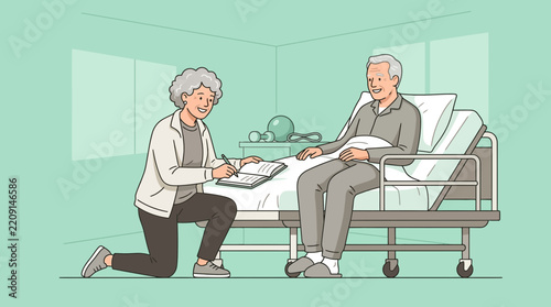 Elderly Couple Caregiver Hospital Visit Doctor Patient Bedside Illustration
