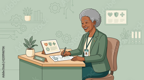 Elderly Doctor at Desk, Digital Health Tablet, Medical Icons