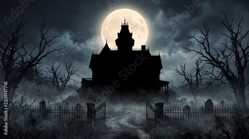 Dark and spooky haunted castle silhouetted against a full moon in a stormy night