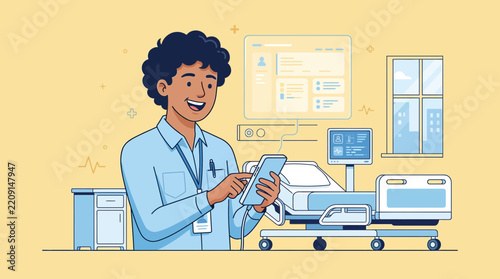 Doctor using mobile device in modern hospital room with patient bed and screen