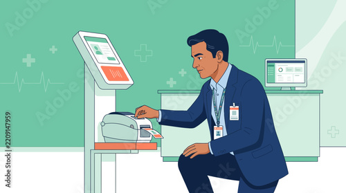 Doctor using patient check-in kiosk and printer in clinic