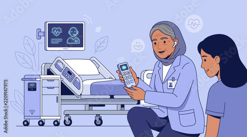 Doctor using remote to control hospital bed and monitor patient vitals