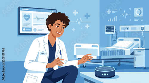 Doctor using smart speaker in hospital room, medical technology