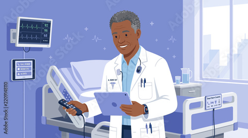 Doctor using tablet and remote control in hospital room
