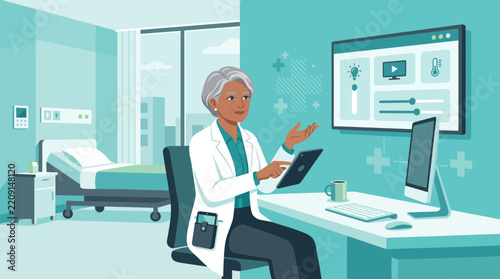 Doctor Using Tablet and Computer in Modern Hospital Room