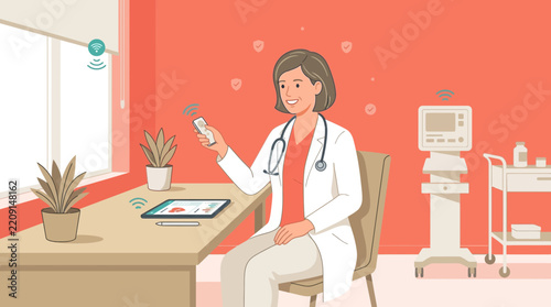 Doctor using tablet and remote control in modern clinic with medical equipment