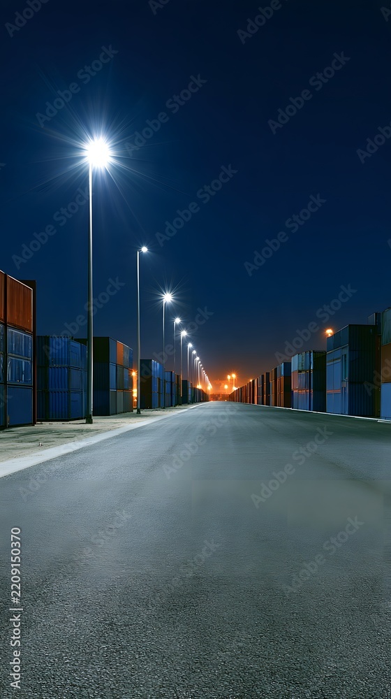 Fototapeta premium Rows of shipping containers in a port at night with street lamps