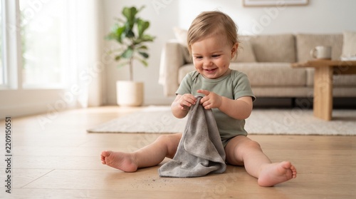 Infant sitting happily with a dusty cloth in a bright living room
