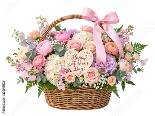 Mother's Day floral basket with pink and white flowers on transparent background