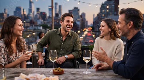 Man with disability laughing with friends in a joyful evening city rooftop setting