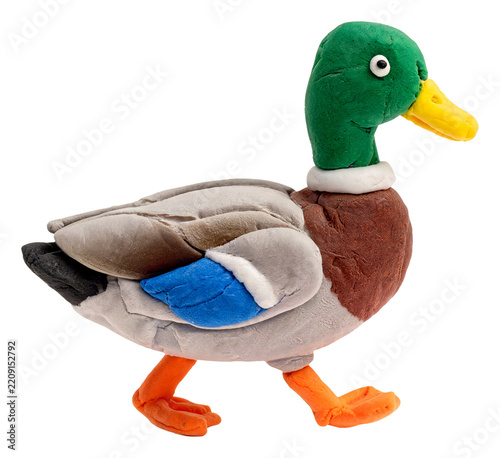 Playful plasticine mallard duck sculpture walking on a white background