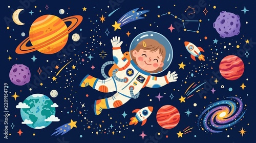 Child astronaut floating among stars and planets in space