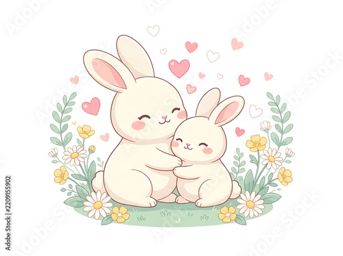 Easter bunny mother and baby hugging with flowers and hearts isolated element