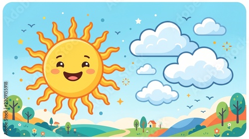 Cute Cartoon Sun with Smiling Face and Fluffy Clouds in Sky