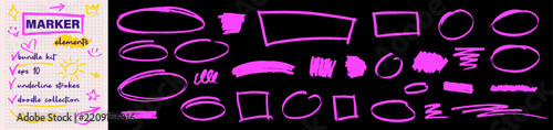 Highlighter hand drawn doodle set. Bright pink arrows, lines, underlines ovals marker illustration on dark bg. heart, crown, sun, smile face icon, wave curve, stripe and scribble shapes vector effect.