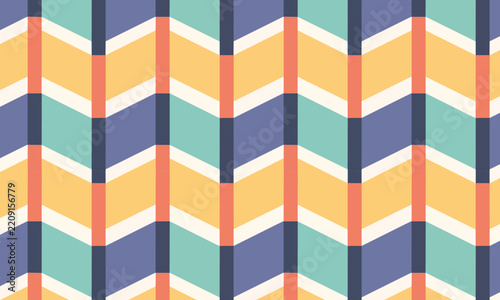 Bold Multicolor Chevron Parquet Seamless Pattern in Navy, Teal, Orange and Yellow — Vibrant geometric vector repeat for wallpaper, fabric and packaging
