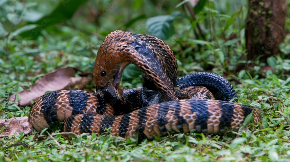 Fototapeta premium King cobra eating a snake in the wild, showing predatory behavior, reptile feeding, wildlife survival, natural food chain, hunting instinct, and the raw struggle for survival in nature