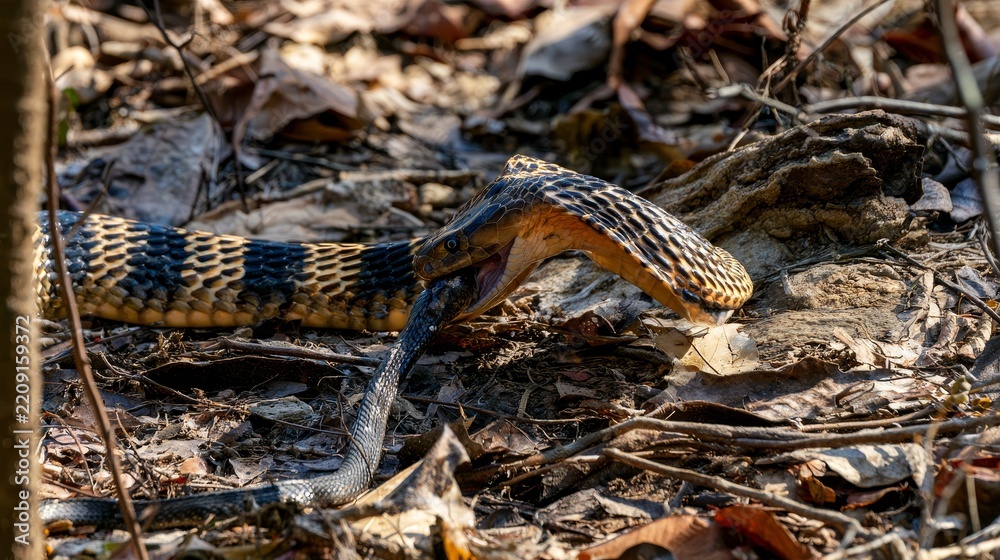 Fototapeta premium King cobra eating a snake in the wild, showing predatory behavior, reptile feeding, wildlife survival, natural food chain, hunting instinct, and the raw struggle for survival in nature