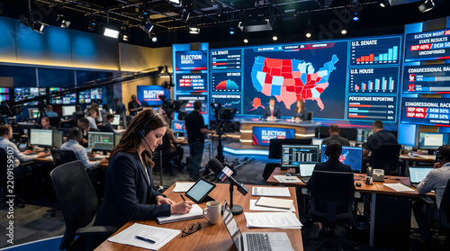 Journalist works in a busy television newsroom during the live coverage of the midterm election results night.