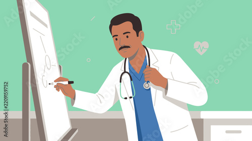 Doctor drawing flowchart on whiteboard, medical concept, health care illustration
