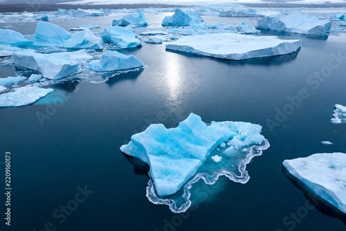 Floating icebergs in calm arctic waters reflecting sunlight