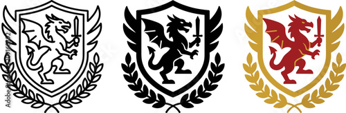 Set of three heraldic shield emblems featuring a dragon holding a sword, winged crest design with laurel wreath, vector illustration