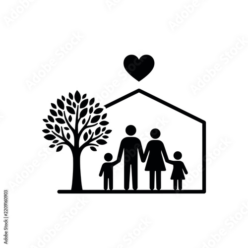 Family Safe Haven,Happy Family in a Safe Home with Tree – World Habitat Day and Family Well-being Silhouette Vector