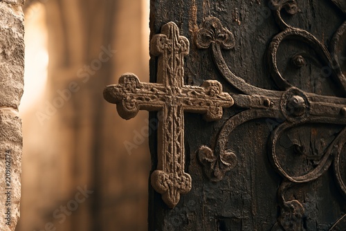 Ancient wooden door features a detailed cross carving, bathed in soft light, showcasing historical faith and rustic charm