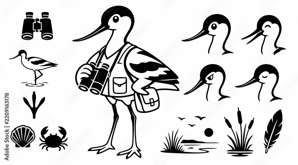 Obraz premium Bird watcher mascot with avian and nature icons.