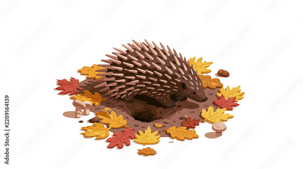 Obraz premium Brown porcupine with sharp quills resting among autumn leaves isolated on transparent background PNG element