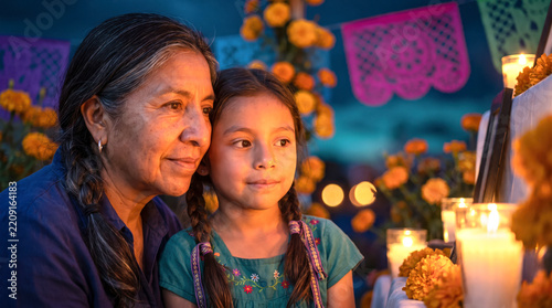 Contemplative grandmother and granddaughter at candlelit marigold altar for Mexico Day of the Dead