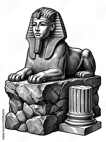 Sphinx statue sitting on a stone pedestal with a column nearby  
