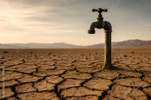     A single metal water faucet standing over completely dry cracked earth, no water emerging, severe water shortage and drought concept