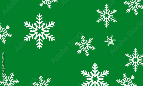 Flat vector illustration of white snowflakes pattern falling on green background. Festive winter christmas holiday backdrop template with copy space for web banner, poster, greeting card.