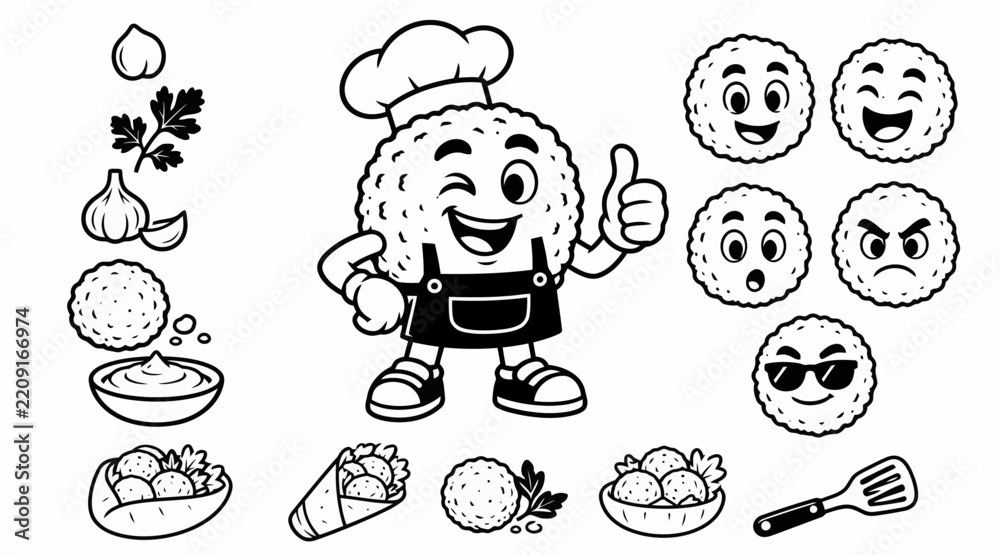 Fototapeta premium Cute rice ball chef mascot character with cooking icons.