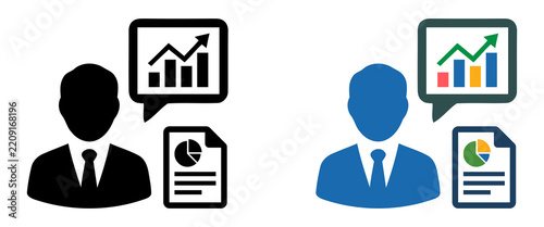 Set of flat vector icons representing financial analysis and management.

