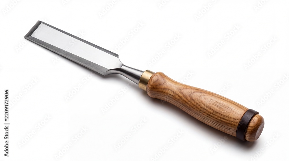 Fototapeta premium Sharp woodworking chisel with polished steel blade and wooden handle